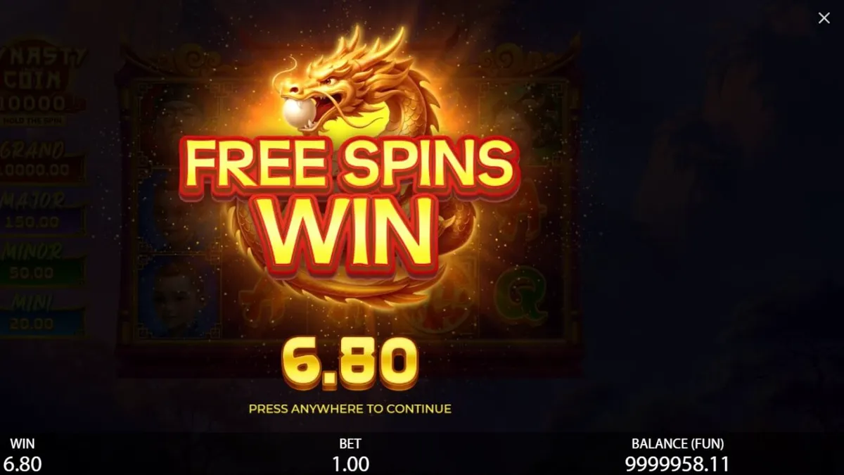 Interface do jogo Dynasty Coin 10,000 com tema oriental e moedas douradas