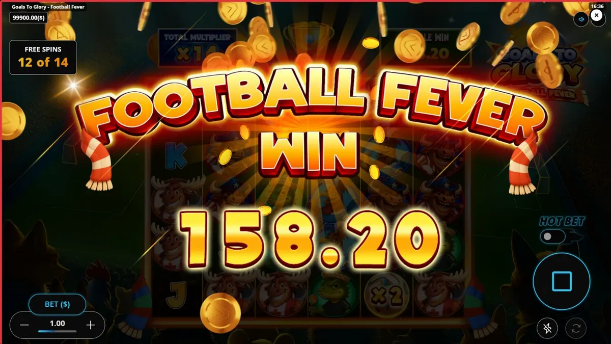 Personagens animais jogando futebol em um estádio vibrante no slot Goals to Glory Football Fever
